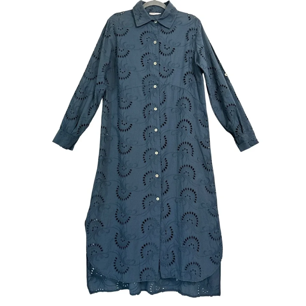 Italian Cotton Eyelet Shirt Dress Blue Embroidered Tunic Long Sleeve L - Picture 1 of 11